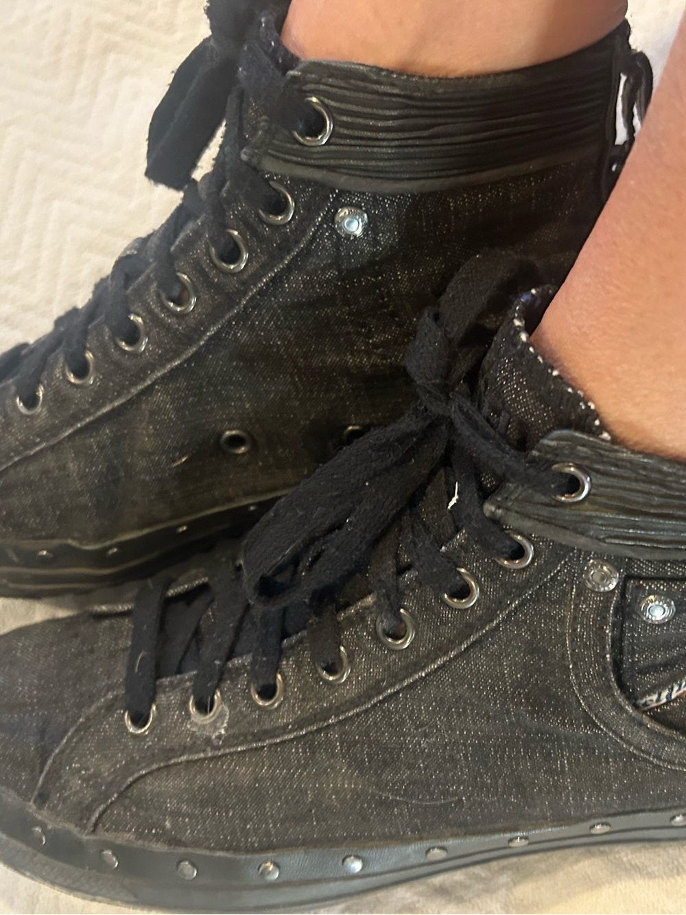 Diesel Denim Black High-Top Studded Sneakers